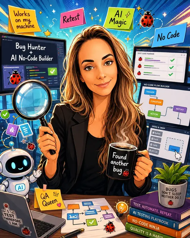 Greta Rusecke - ISTQB QA Specialist & AI Product Builder illustration showcasing bug hunting, no-code development, and automation.